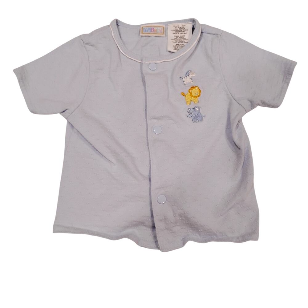 VTG McBaby Infant 0-3 Baby Blue Embroidered Button Up Shirt Lion Elephant Zebra